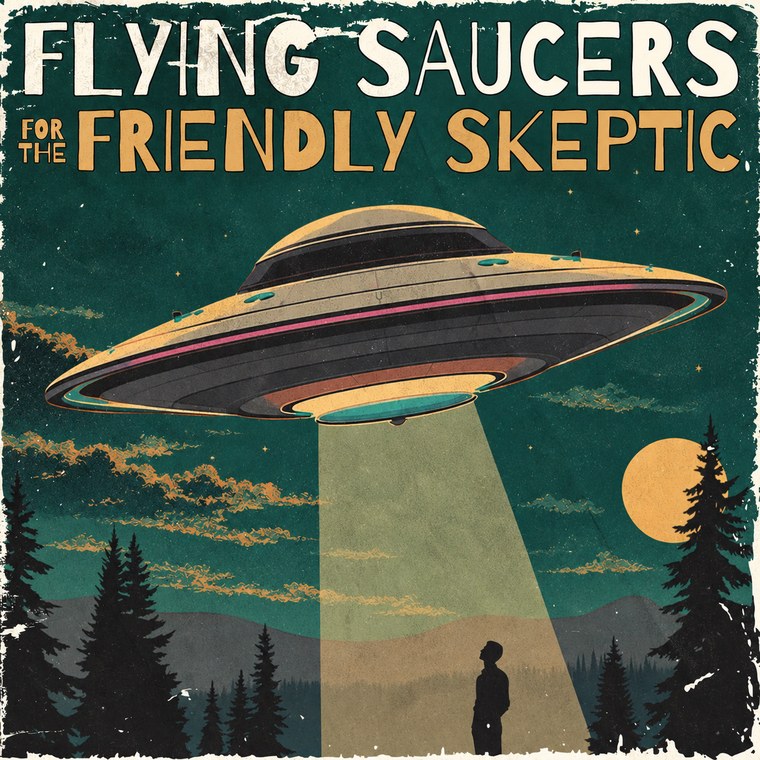 Podcast cover: a retro flying saucer beams light down on a lone figure among pine trees under a full moon.